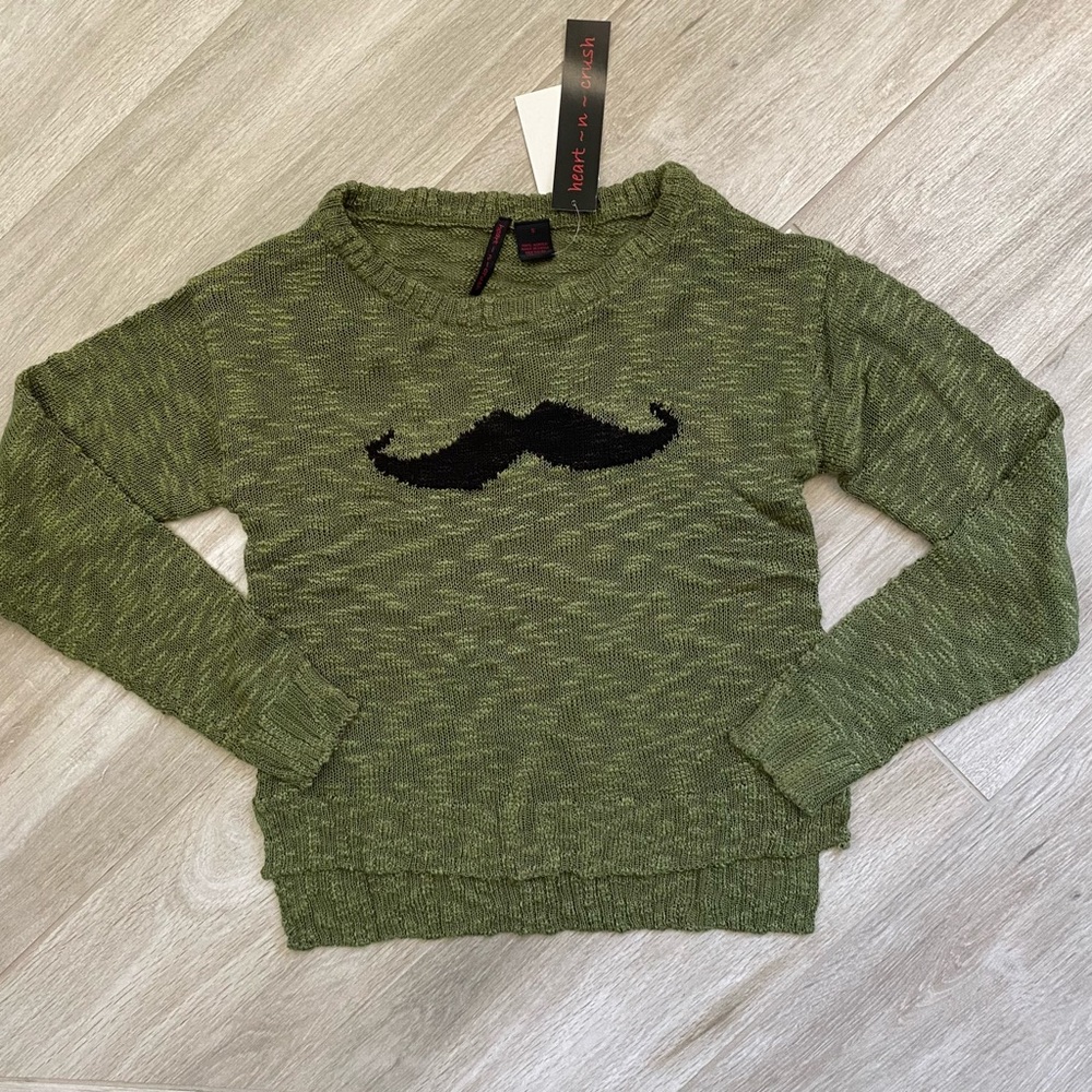Heart N Crush Green Lightweight Long Sleeve Sweater With Mustache Graphic - Picture 9 of 15